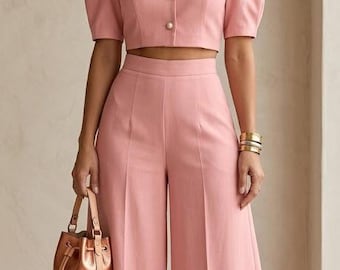 Wide Leg Pants Set Women Chic Two Piece Travel Vacation Outfit