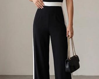 Combinaison femme noir et blanc, tenue de soirée élégante à encolure carrée, combinaison de soirée