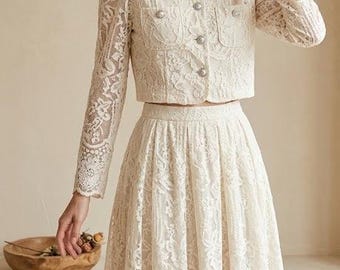 Blumen Stickerei Zweiteiler Eleganter Midirock Hochzeitsgast Outfit Damen
