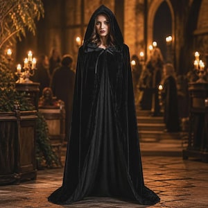 May include: A floor-length black velvet cloak featuring a deep hood and a simple tie closure at the neck. The garment is constructed from a soft, light-reflecting fabric that drapes fully from the shoulders to the floor in a continuous silhouette.