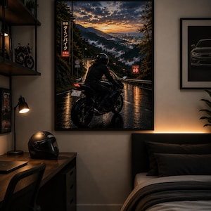 Retro Touge Motorcycle Poster | Japanese Mountain Road Wall Art | Sport Bike Sunset Print | A4 A3 A2 Matte Poster