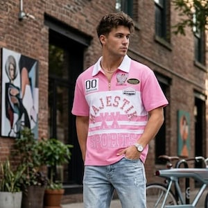 Rosa besticktes Hemd mit halbem Reißverschluss und Kragen, Kurzarmtop mit Grafikaufnäher, lässiges Streetwear-Hemd im Color-Blocking-Stil