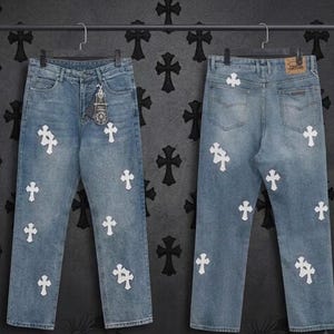Custom Vintage Cross Patch Jeans, Y2K Street wear Blue Leather Cross Patch Pants