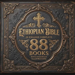 May include: A detailed image of a dark gray and gold Ethiopian Bible. The cover features ornate gold filigree, a cross, and the text "Ethiopian Bible in English Complete 88 Books with Ethiopian Illustrations."