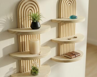 Grote zwevende planken van licht hout | Boho wandplanken | Halverwege de eeuw moderne planken muur | Geometrische veelzijdige woondecoratie slaapkamer