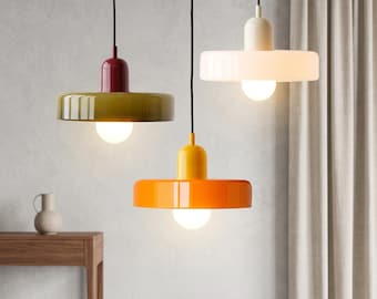 Scandinavische glazen Bauhaus-hanglamp, vintage hanglamp jaren 70, retro eetkamerplafondkroonluchter halverwege de eeuw moderne café-bar decor ambachtelijk