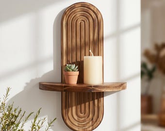 Kleine boho houten wandplank | Geometrische zwevende planken | Halverwege de eeuw moderne planken muur | Natuurlijke houten wandplank slaapkamerdecoratie