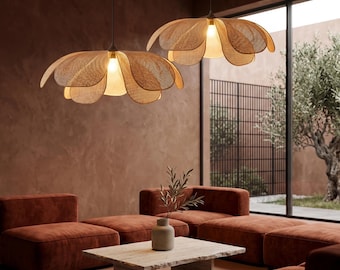 Handwoven Rattan Petal Pendant Light | Japandi Boho Ceiling Lamp | Mid Century Modern Chandelier | Japanese Style Dining Room Decor