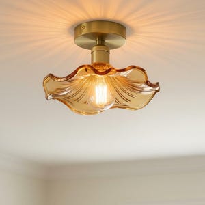 Sculpted Glass Ceiling Light, Brass Flush Mount Lighting, Modern Vintage Entryway Lamp, Elegant Bedroom Kitchen Decor, Unique Housewarming