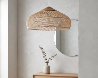 Handwoven Rattan Pendant Light | Wabi Sabi Japandi Chandelier | Boho Kitchen Island Ceiling Lamp | Mid Century Modern Zen Decor