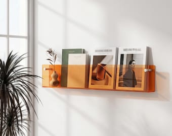 Set van 2 drijvende acrylplanken | Moderne boekenplank van pvc | Tijdschriftenrek voor wandmontage | Moderne platendisplay uit het midden van de eeuw | Kinderkamerdecoratie