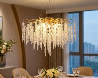 Kristallen kroonluchter met gouden tak | Luxe led-hanglamp | Moderne statement-hanglamp | Woondecoratie Plafondlamp voor eetkamer en foyer