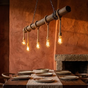 May include: A wooden beam chandelier with six Edison-style light bulbs suspended by rope. The beam is held up by chains and rope, creating a warm atmosphere. The light hangs above a wooden dining table set with plates and a table runner.