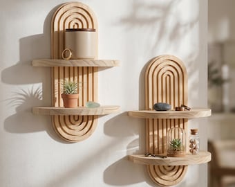 Middelgrote boho geometrische wandplank | Moderne zwevende planken uit het midden van de eeuw | Wandplanken van natuurlijk hout | Veelzijdige woondecoratie slaapkamer