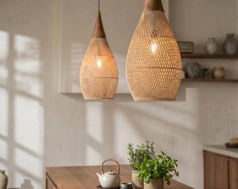 Vintage rotan geweven hanglamp | Japanse rieten Wabi Sabi-kroonluchter | Moderne plafondlamp uit het midden van de eeuw | Boho-decor keukeneiland