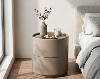 Minimalistisch rond nachtkastje, modern gebogen nachtkastje, beige opbergkast met 2 lades, luxe, eigentijds slaapkamermeubilair, New Home Gi