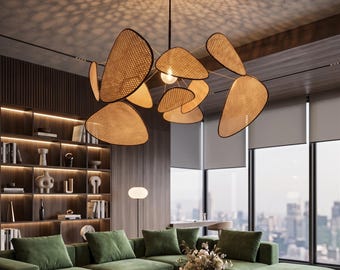 Wabi Sabi rotan hanglamp | Japandi bamboeblad kroonluchter | Moderne plafondlamp uit het midden van de eeuw | Boho zen eetkamerdecoratie