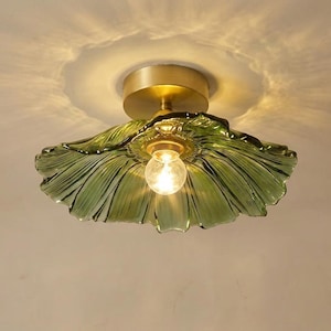 Vintage Floral Glass Ceiling Lamp | Murano Style Retro Boho Flush Mount Light Fixture for Bedroom, Hallway, Living Room | Unique Art Decor