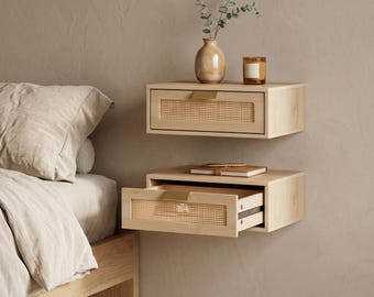Set van 2 drijvende nachtkastjes | Boho rotan eikenhouten nachtkastje