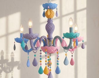 Regenboog macaron-kroonluchter | Nordic hanglamp kinderkamer | Kleurrijke kroonluchter prinsessenslaapkamer | Moderne kristallen kaarsplafondlamp