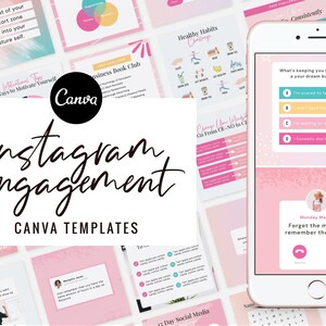 May include: A collection of pink and white Instagram story templates with text that includes "Instagram engagement", "Canva Templates", "Healthy Habits", "Change Your Mindset", "Monday Mantra", "Forget the mistake, remember the lesson", and "What's keeping you from starting your dream business?"