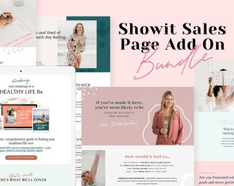 May include: A pink and green digital marketing sales page add-on bundle for Showit. The page features a woman holding a glass of wine, a woman holding a book, and a laptop screen with the text "Introducing your roadmap to a HEALTHY LIFE Rx".