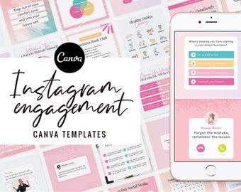 May include: A collection of pink and white Instagram story templates with text that includes "Instagram engagement", "Canva Templates", "Healthy Habits", "Change Your Mindset", "Monday Mantra", "Forget the mistake, remember the lesson", and "What's keeping you from starting your dream business?"