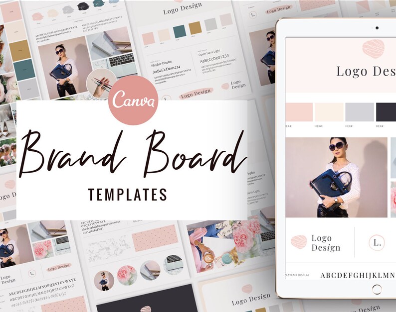 May include: A pink and white brand board template with the text "Brand Board Templates" and the Canva logo. The template includes sections for logo design, color palettes, typography, and photography.