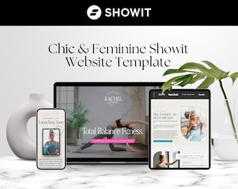 May include: A digital mockup showcasing a website template on a laptop, tablet, and smartphone. The template is titled "Chic & Feminine Showit Website Template" with the Showit logo at the top. The smartphone displays "Launching Soon" text.