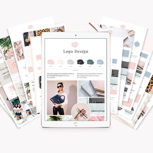 May include: A digital tablet displaying a logo design template with a color palette, font styles, and mood board. The tablet is surrounded by various printed sheets with different patterns and colors.