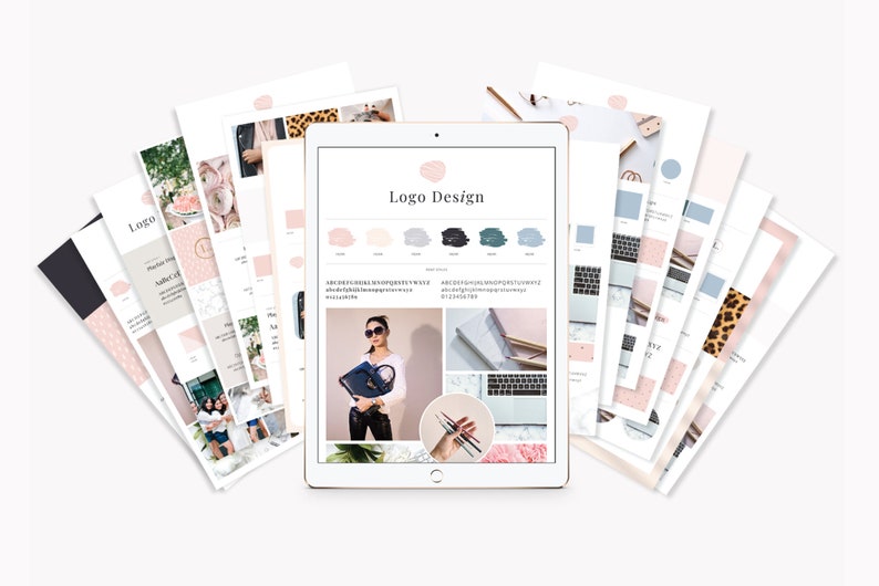 May include: A digital tablet displaying a logo design template with a color palette, font styles, and mood board. The tablet is surrounded by various printed sheets with different patterns and colors.