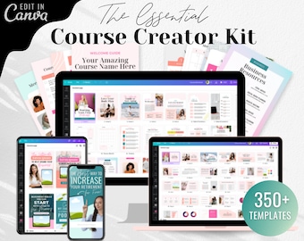 May include: A digital marketing kit with over 350 templates for creating online courses. The kit includes a welcome guide, business resources, and various templates for different types of courses. The text "The Essential Course Creator Kit" is displayed in a large font at the top of the image.