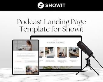 May include: A digital marketing image featuring a podcast landing page template for Showit. The design includes a laptop, tablet, and a microphone. The template showcases episode archives and podcast details. The Showit logo is at the top.