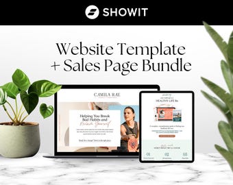 May include: A digital marketing image featuring a laptop and tablet displaying website templates. The text reads "Website Template + Sales Page Bundle" and "SHOWIT". The laptop screen shows "Helping You Break Bad Habits and Reclaim Yourself". The tablet screen shows "Healthy Life Rx".