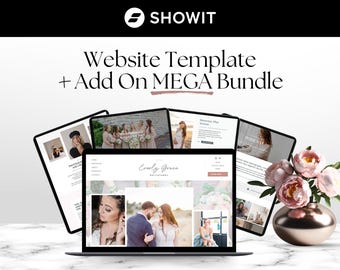 May include: A laptop displaying a website template with the text "Everly Grace" and other website examples on tablets. The image includes a bouquet of pink flowers in a gold vase, and the Showit logo.