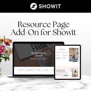 May include: A laptop and tablet showcasing a website interface with the text "MY RESOURCE LIBRARY" and "In Loving". A vase of colorful flowers and the Showit logo are also visible in the image.