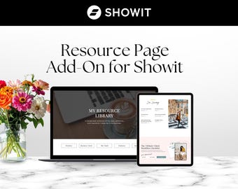 May include: A laptop and tablet display a website interface with the text "MY RESOURCE LIBRARY" and "In Loving". The image also features a vase of colorful flowers and the Showit logo.
