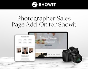 May include: A digital marketing image for photographers. The image features a laptop and tablet displaying website mockups, a black camera, and the text "Photographer Sales Page Add-On for Showit."