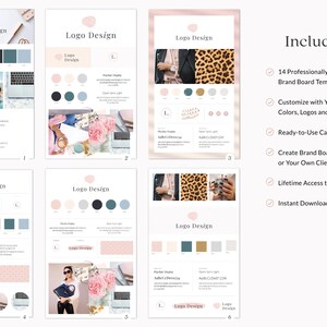May include: Six pages of a digital brand board template with a pink and white color scheme. The pages include a logo design, color palettes, and images. The text "Includes:" is listed with a checkmark next to the following: 14 Professionally Designed Brand Board Templates, Customize with Your Own Fonts, Colors, Logos and Images, Ready-to-Use Canva Templates, Create Brand Boards for Yourself or Your Own Clients, Lifetime Access to Updates, Instant Download.