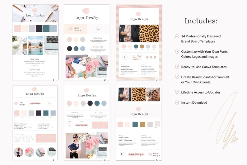 May include: Six pages of a digital brand board template with a pink and white color scheme. The pages include a logo design, color palettes, and images. The text "Includes:" is listed with a checkmark next to the following: 14 Professionally Designed Brand Board Templates, Customize with Your Own Fonts, Colors, Logos and Images, Ready-to-Use Canva Templates, Create Brand Boards for Yourself or Your Own Clients, Lifetime Access to Updates, Instant Download.