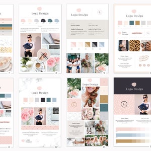 May include: A collection of mood boards for a logo design. Each board features a color palette, typography, and imagery. The boards are organized by number, starting with 7 and ending with 14.