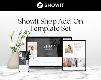 May include: A digital marketing image featuring a laptop, tablet, and smartphone displaying a website template. The text "Showit Shop Add-On Template Set" is displayed above the devices. A vase of white flowers is on the left.