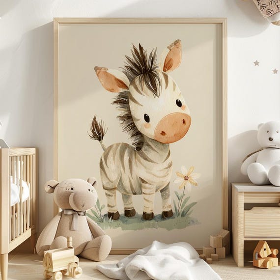 Neutral Printable Baby Zebra Watercolor Art - Cute Safari Nursery Decor, Minimal Jumbo-Head Zebra, Digital Children's Wall Art 42, SJC by CuriosityPrintStudio