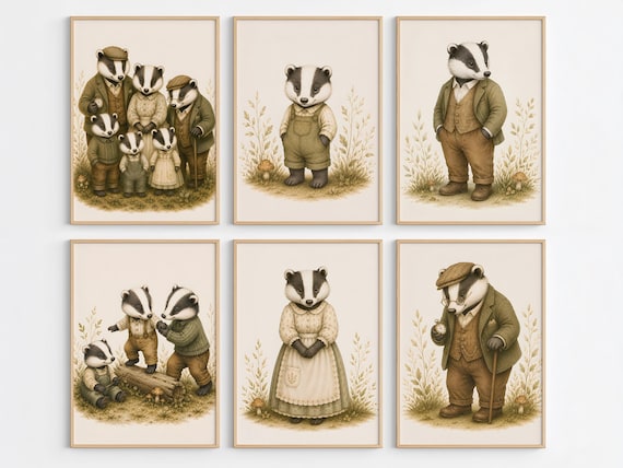 Badger Nursery Wall Art Set of 6, Woodland Nursery Decor, Vintage Woodland Animal Prints, Forest Nursery Art, Badger Family Printable by CuriosityPrintStudio