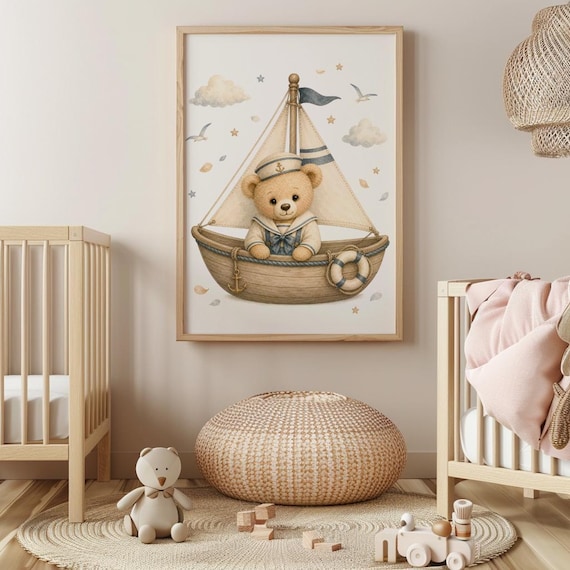 Teddy and Vintage Sailboat Nursery Wall Art, Nautical Nursery Decor, Sailboat Print, Coastal Baby Room Art, Storybook Nursery Decor, LSA by CuriosityPrintStudio