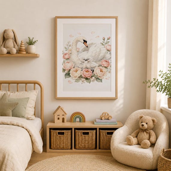 Mother Swan and Baby Wall Art Printable, Swan Family Nursery Decor, Watercolor Bird Print, ESC by CuriosityPrintStudio