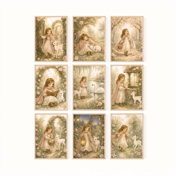 Storybook Nursery Prints, Set of 9, Downloadable Prints, Kids Room Wall Art, Girl Nursery Decor, Woodland Nursery Art, Printable Nursery Art by CuriosityPrintStudio