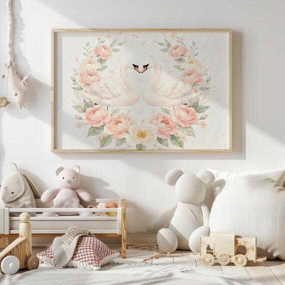 Swan Nursery Art, Printable Floral Swan Pair Print, Blush Pink Cottagecore Decor, Vintage Watercolor Nursery Art, ESC by CuriosityPrintStudio