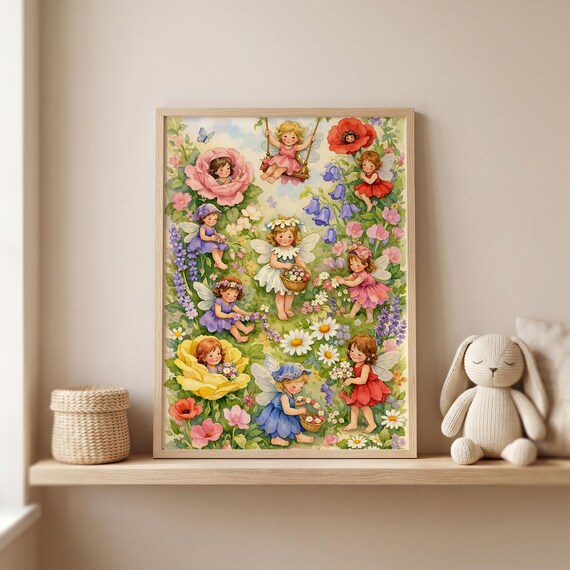 Printable Flower Fairy Cluster Watercolor Art - Vintage Fairy Garden Scene, Cottagecore Nursery Decor, Floral Magic Wall Art Download CCFF by CuriosityPrintStudio