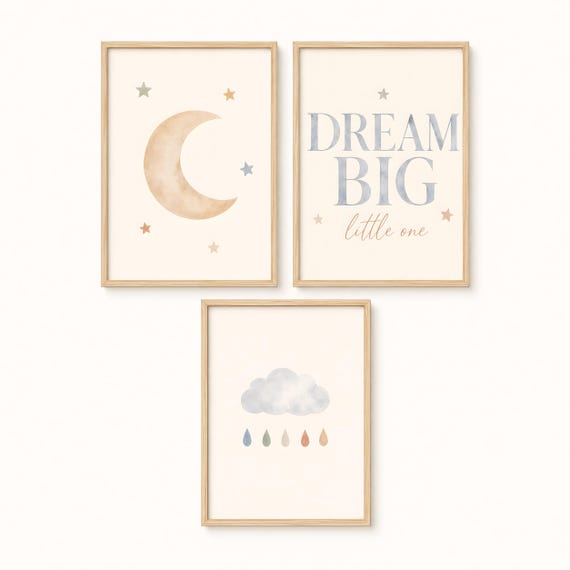Scandinavian Nursery Wall Art Set of 3, Dream Big Little One Prints, Moon Stars Cloud Nursery Decor, Neutral Baby Room Printable Art SRD by CuriosityPrintStudio
